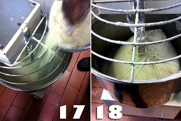 Dopo aver aggiunto farina e sale impastare fino a che la pasta non si arrampica al gancio