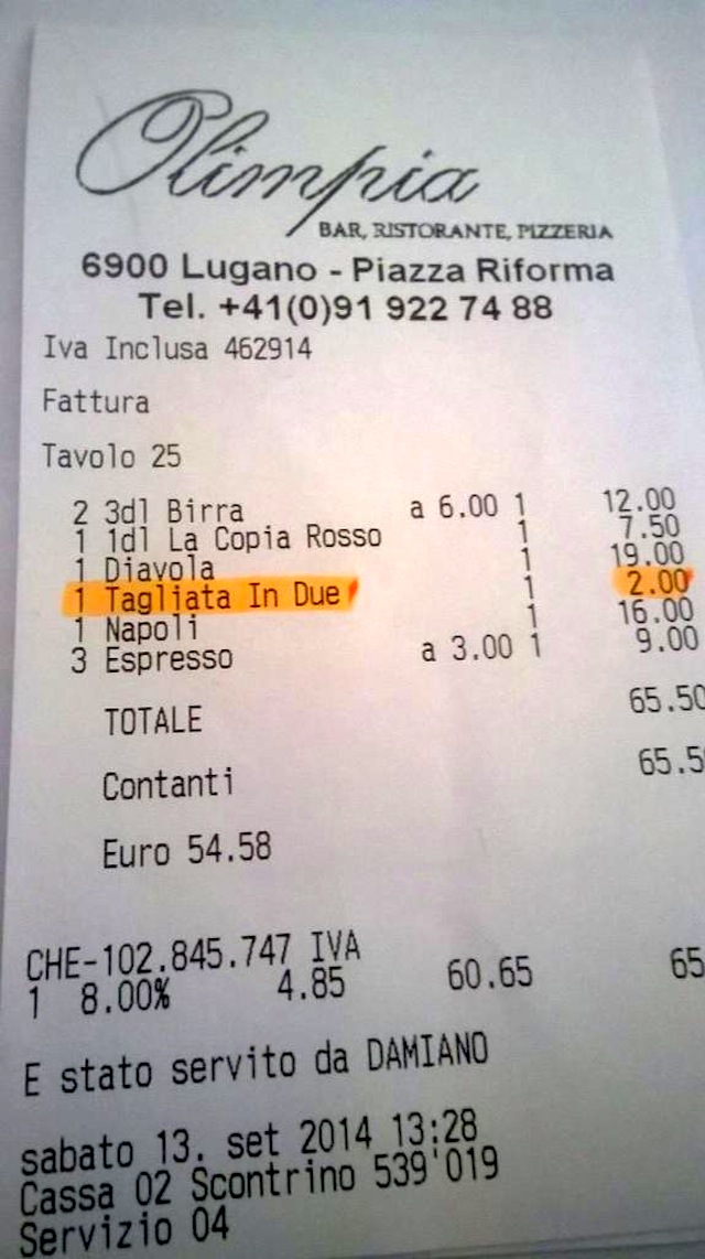 Ricevuta fiscale del ristorante Olimpia di Lugano