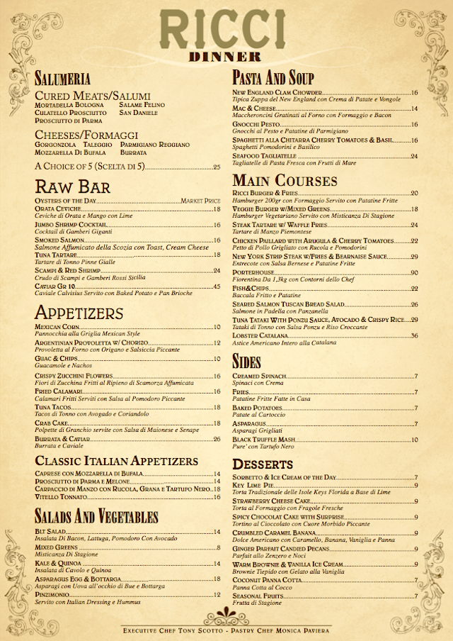 Ricci Milano, menu
