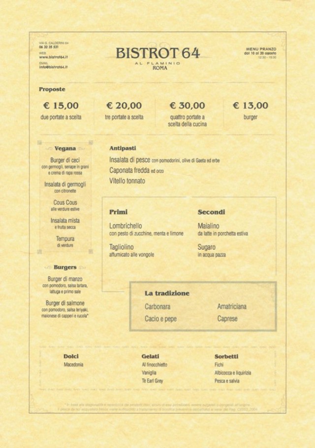 menu Bistrot 64, Roma