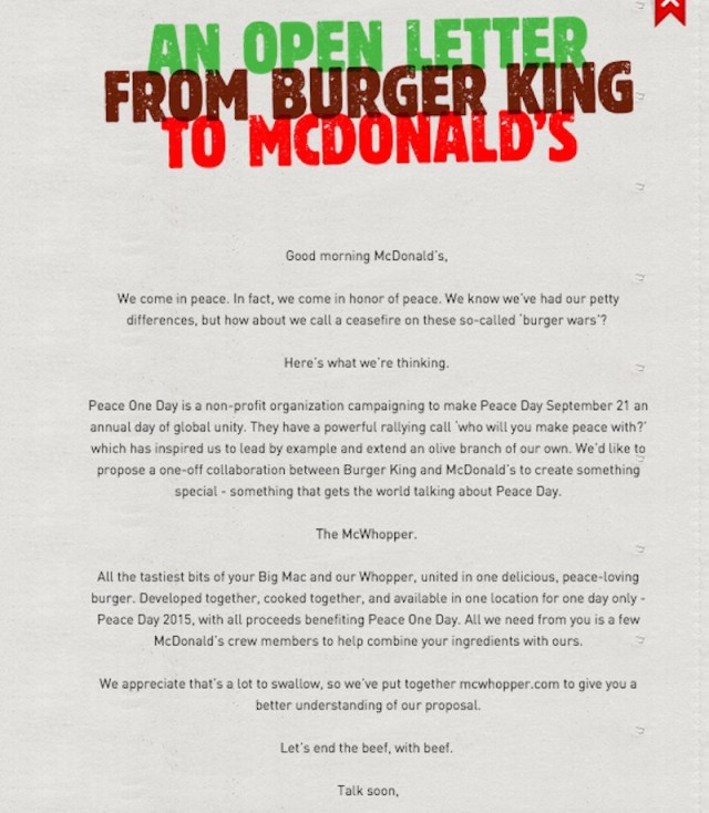 lettera aperta di Burger King a McDonald's