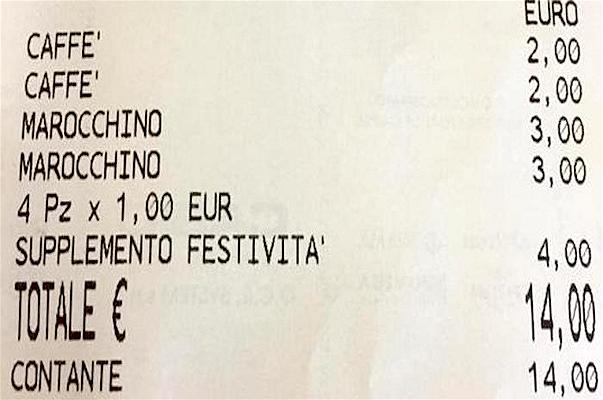 Scontrino con “supplemento festività” da 4 euro: così fan tutti