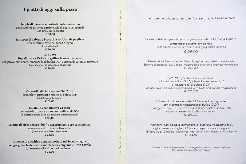 menu in fucina pizzeria