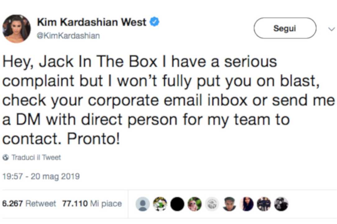 Kim Kardashian ha una critica da fare a Jack in the Box, ma non si sa quale