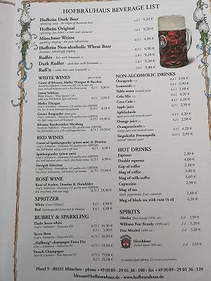 Hofbräuhaus menu