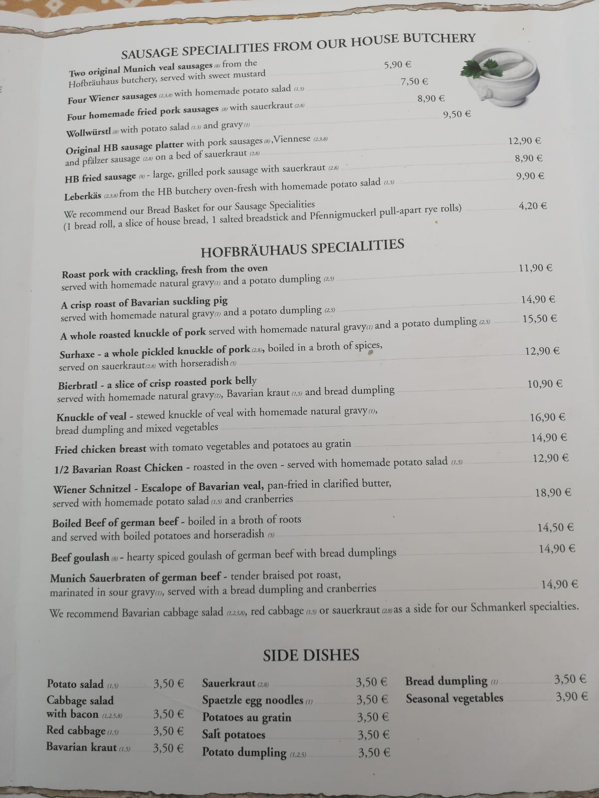 Hofbräuhaus menu