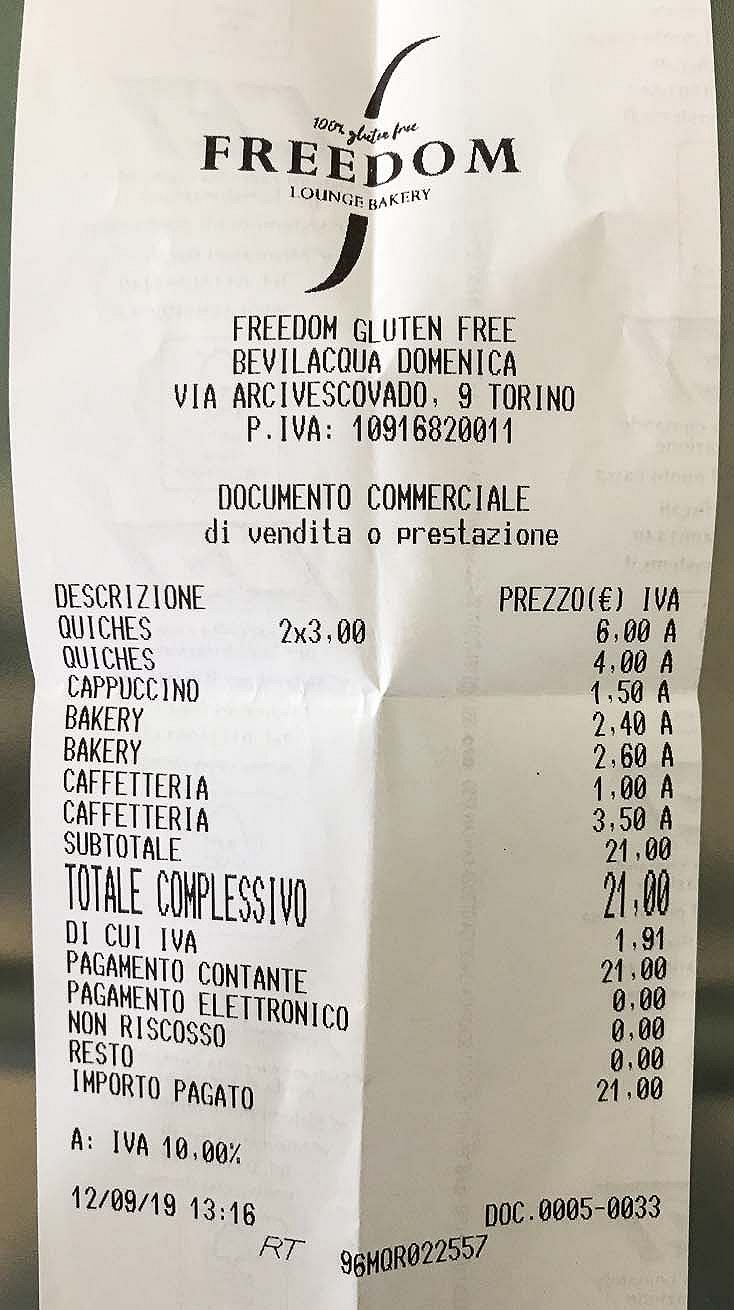scontrino della pasticceria gluten free Freedom Lounge Bakery