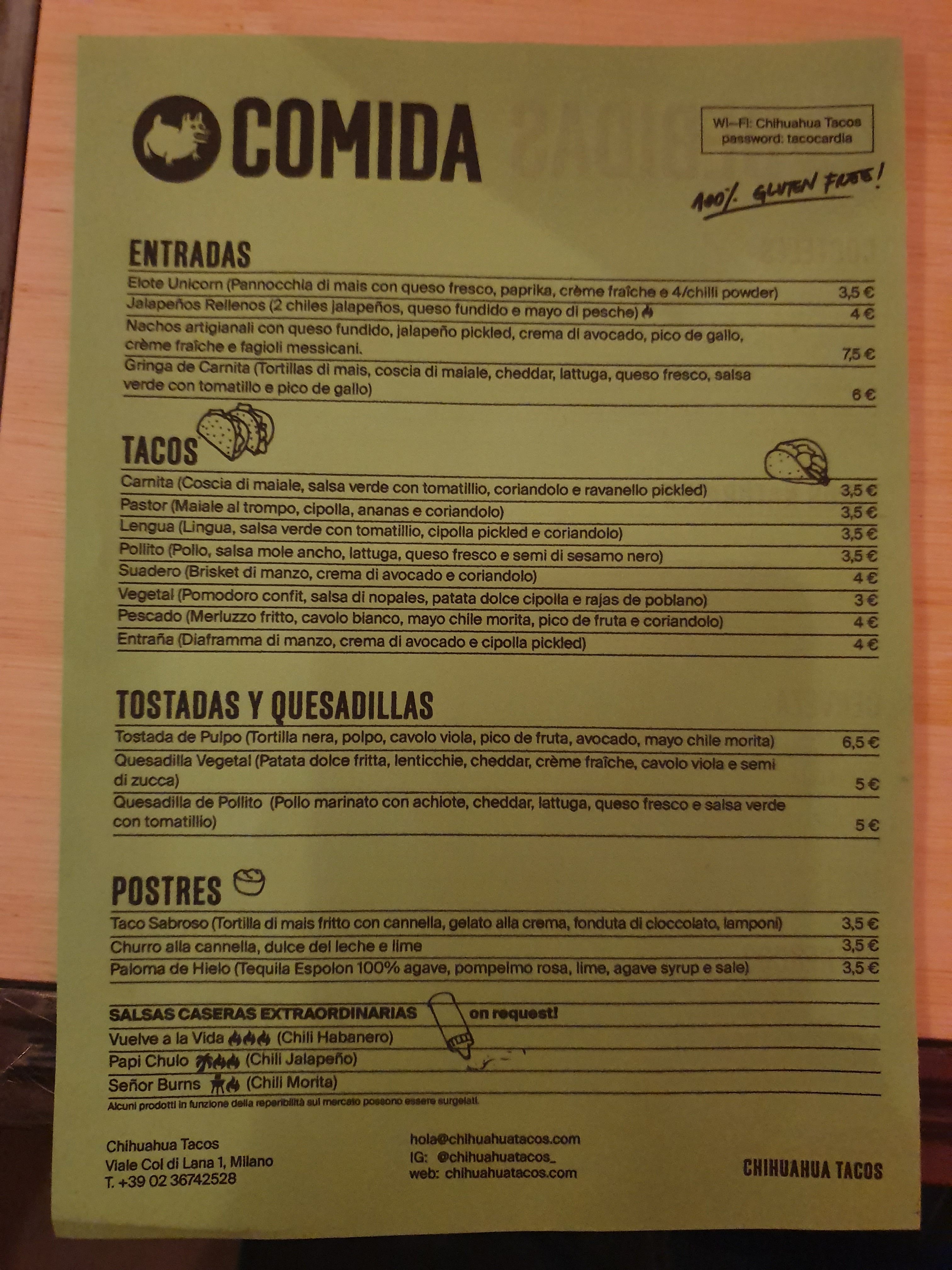 Chihuahua Tacos a Milano, menu