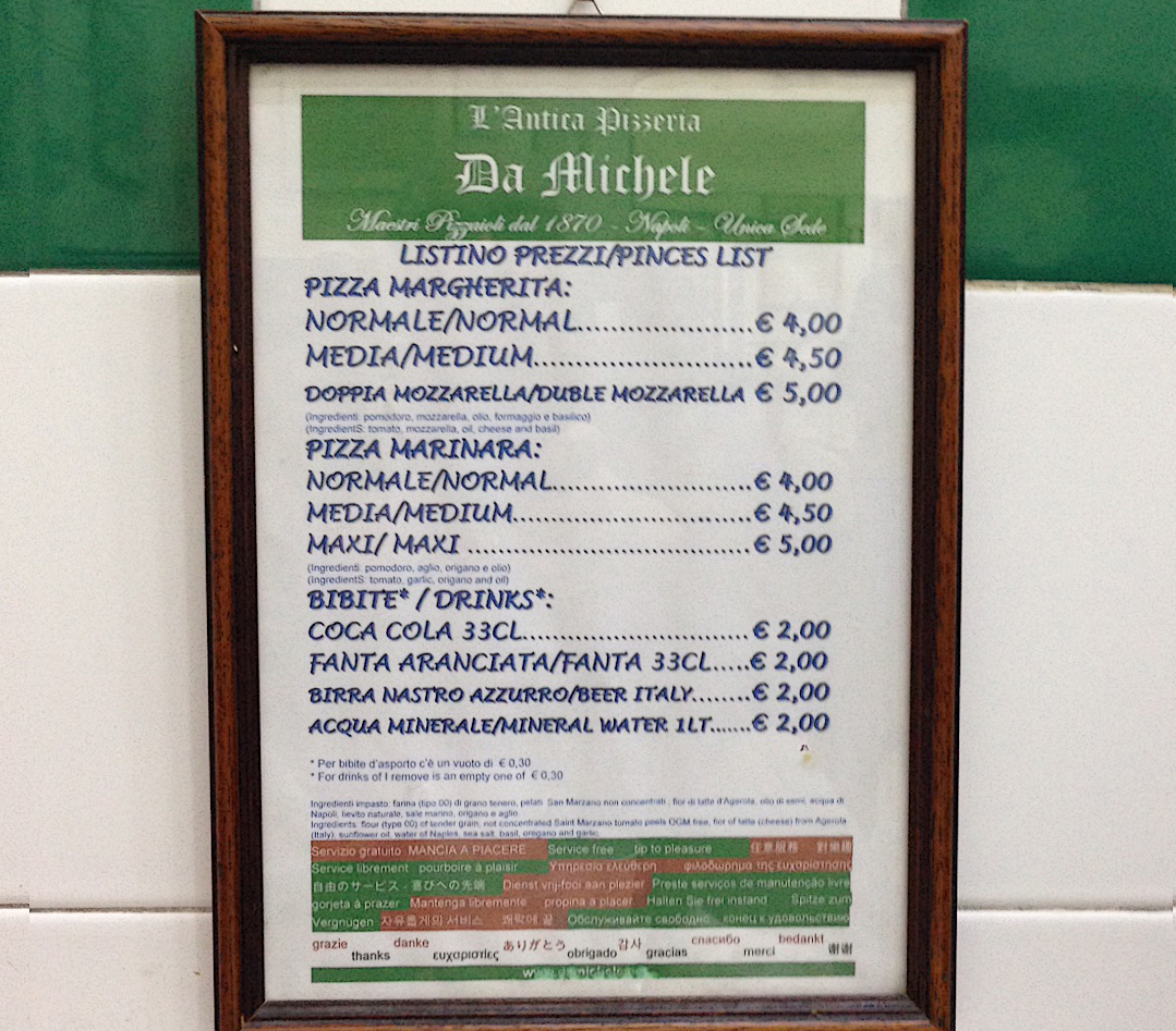 Pizzeria da michele; menu
