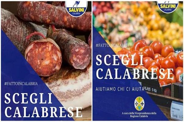 Supermercati: nella campagna “Scegli calabrese”, logo della Lega e immagine di un market finlandese