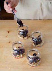 amarene sullo strato di granola nei bicchierini