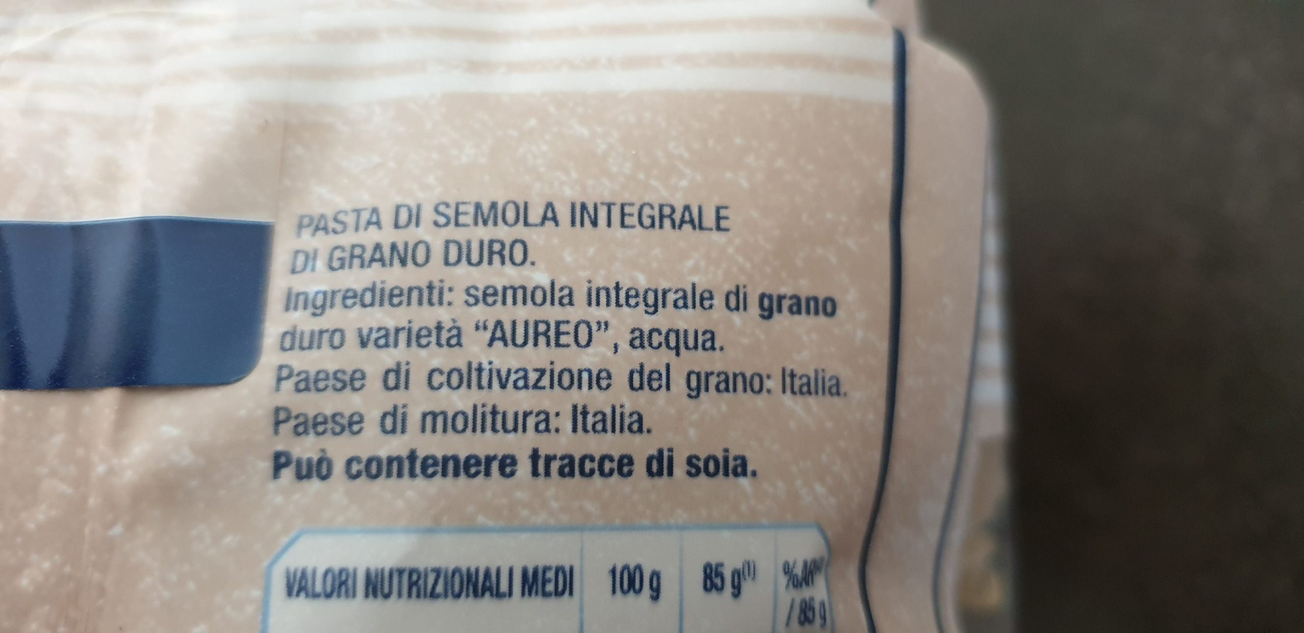Etichetta Pasta; ingredienti