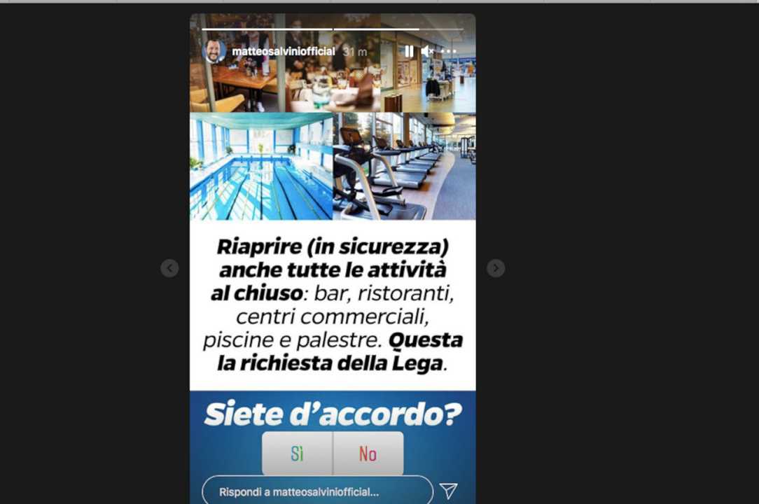 Riaperture bar e ristoranti: Matteo Salvini lancia un sondaggio Instagram