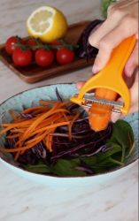 aggiunta di carote a fiammifero nella ciotola dell'insalata