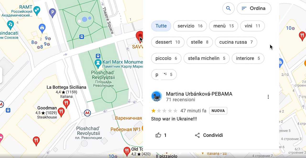 Ucraina: su Google Maps le recensioni dei ristoranti russi diventano notizie sulla guerra