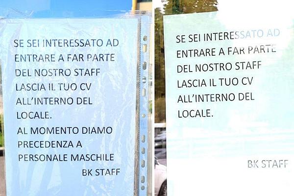 Terni: Burger King cerca personale ma “dà precedenza agli uomini”