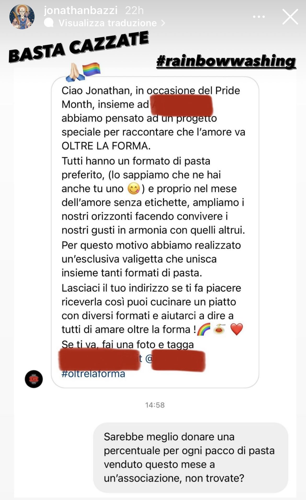 Pasta_Jonathan Bazzi accusa di rainbowashing un noto marchio