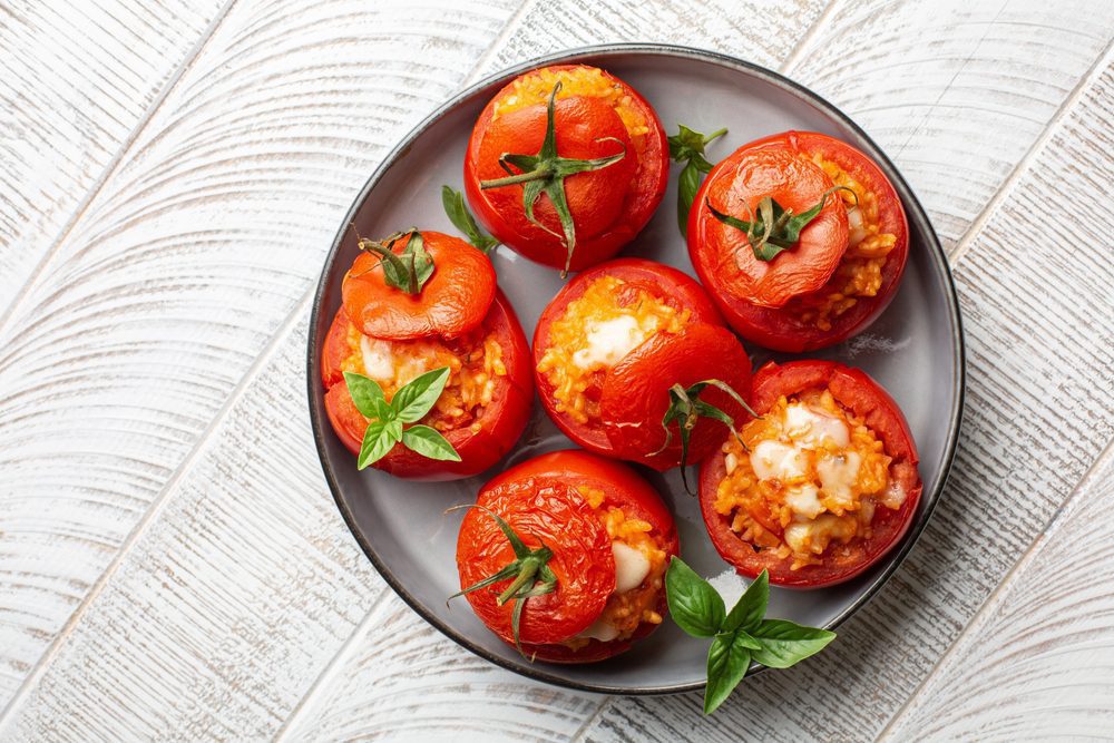 stuffed tomatoes in a pan