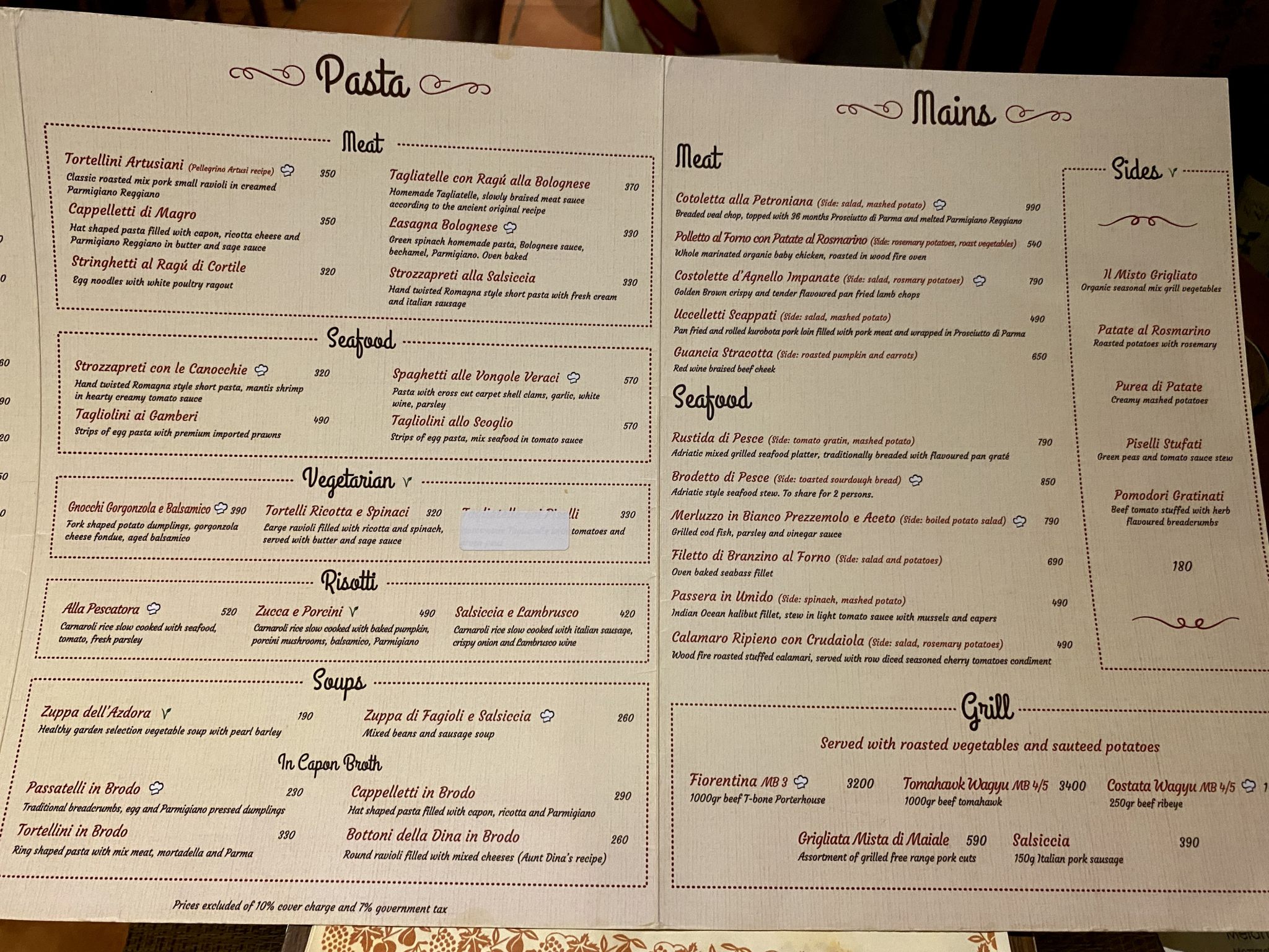 Ristorante via Emilia, Bangkok, menu