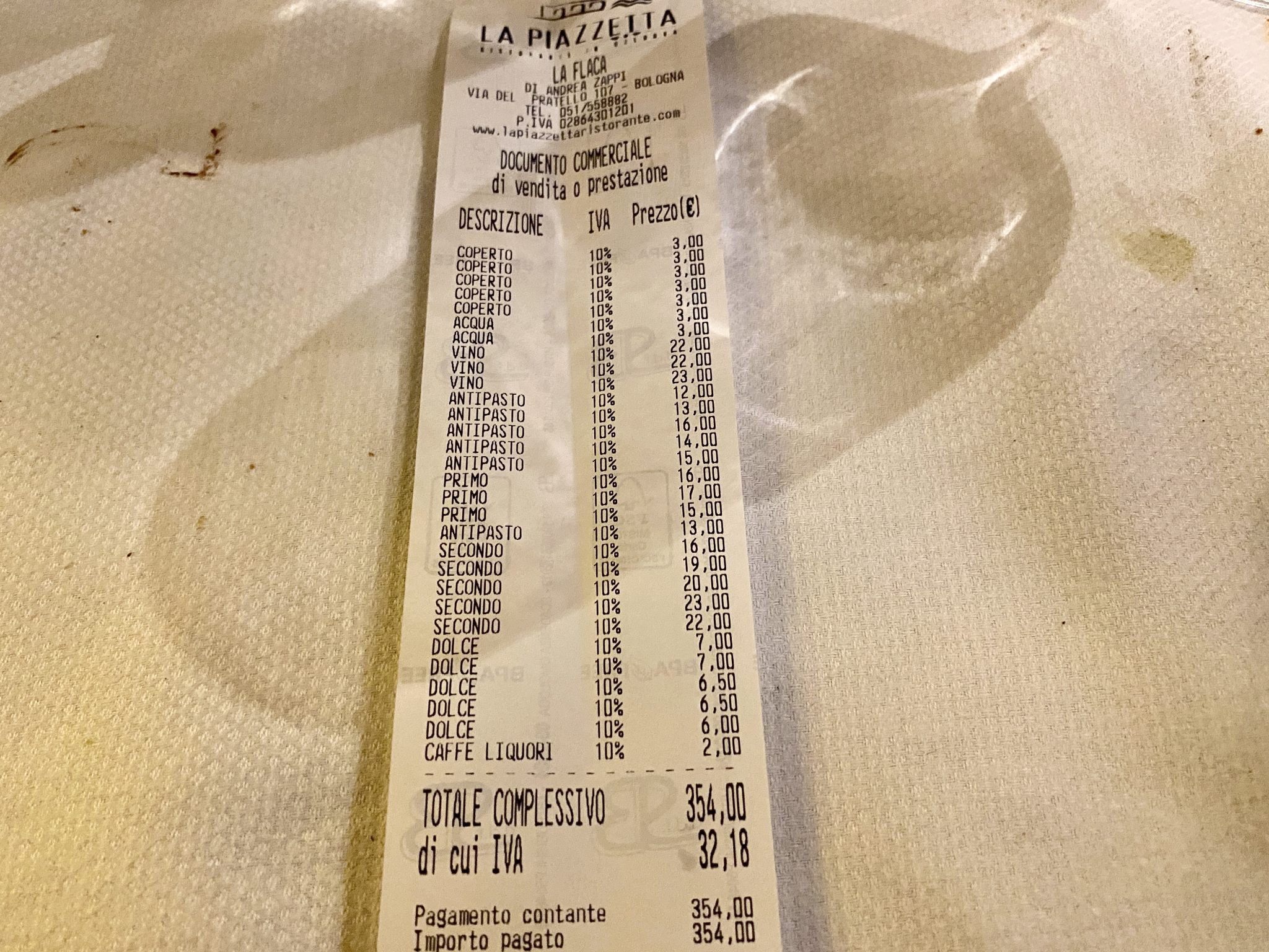 ristorante La Piazzetta , Bologna - scontrino