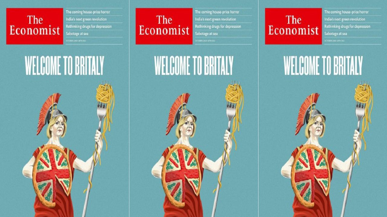 Pizza e spaghetti in mano a Liz Truss: l’Economist paragona Italia e UK