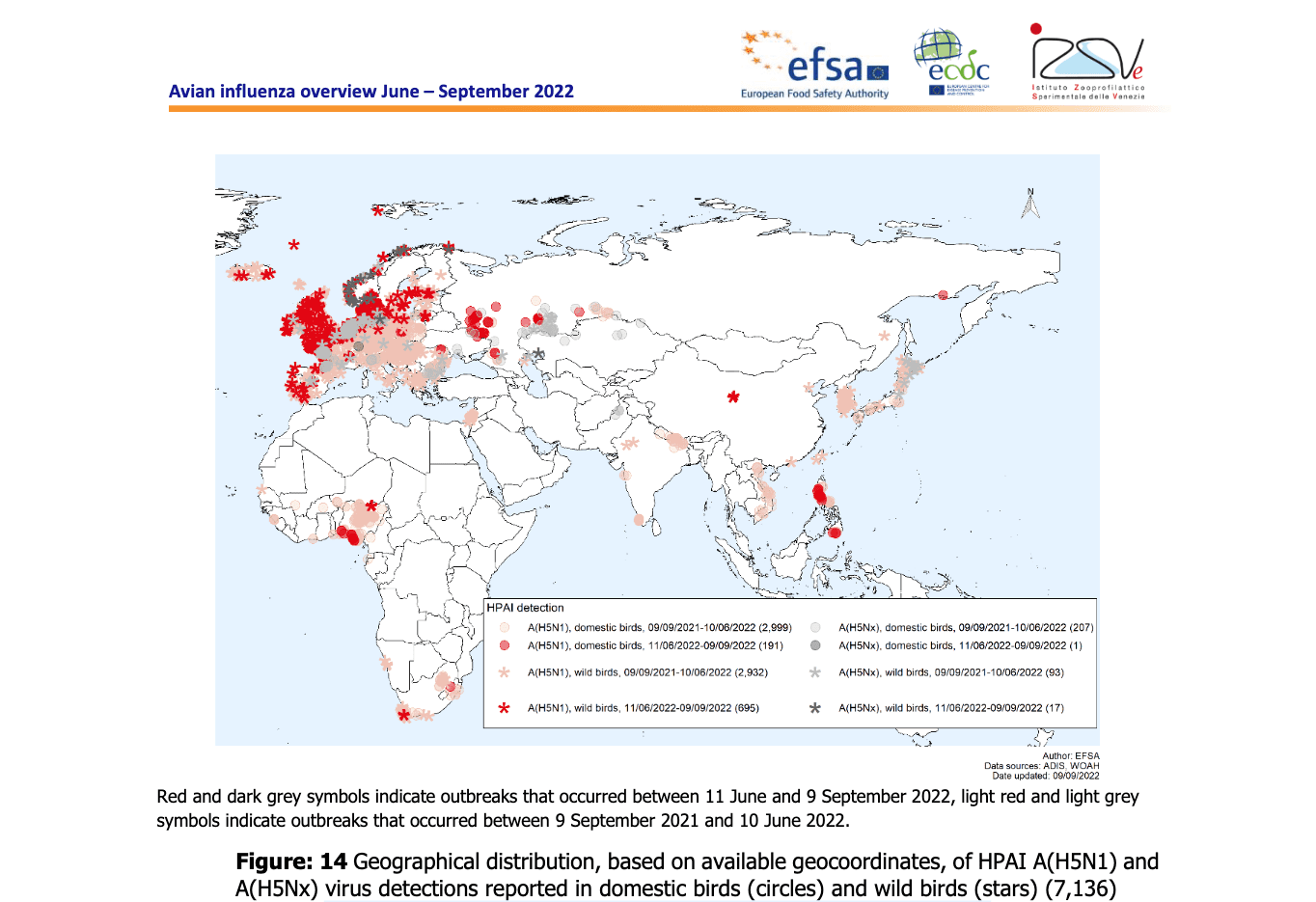 diffusione dell'influenza aviaria giugno-settembre 2022
