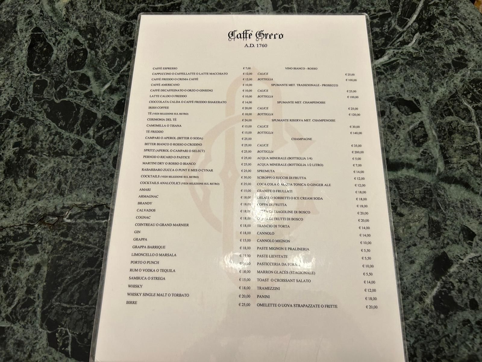 menu e prezzi caffè greco