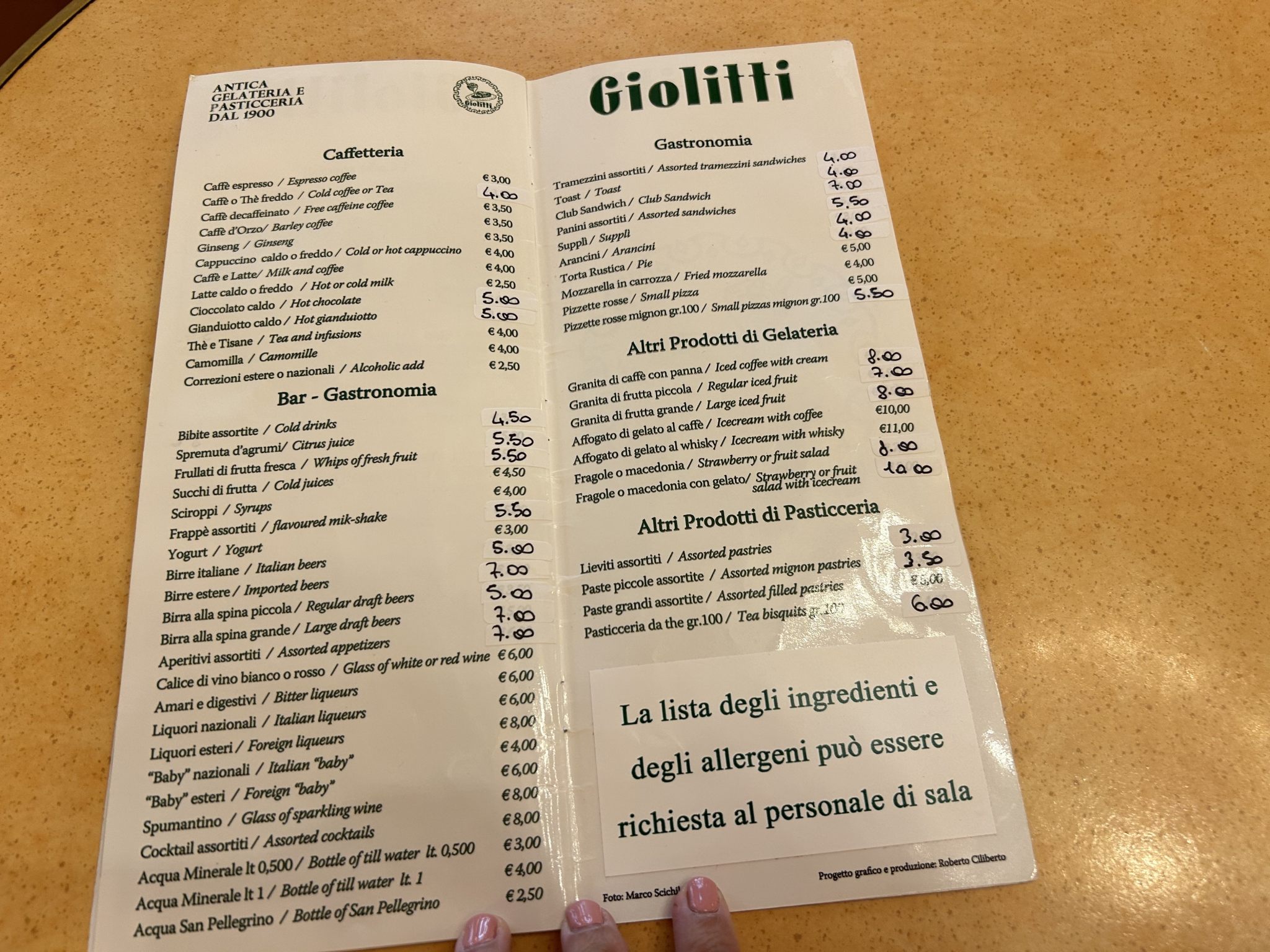 Giolitti menu caffetteria e gastronomia