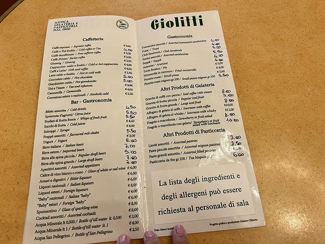 Giolitti menu caffetteria e gastronomia
