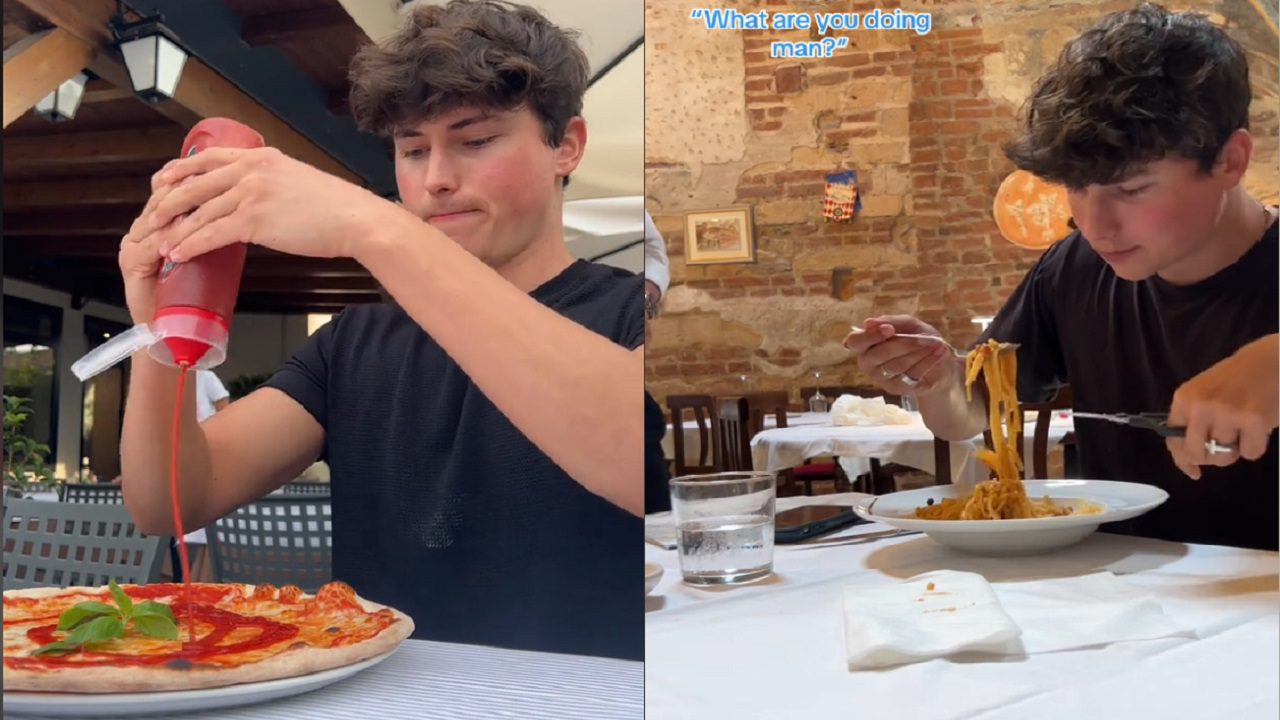 TikToker infrange i tabù della cucina italiana: ketchup nella pizza e pasta tagliata con le forbici