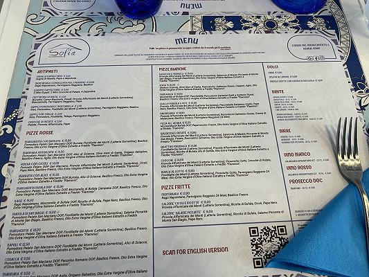le tovagliette con menu di Sofia pizza Napoletana