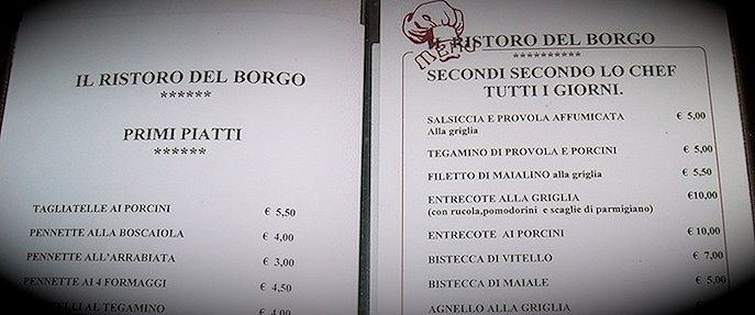Il menù del Ristoro del Borgo di Faicchio (Benevento)