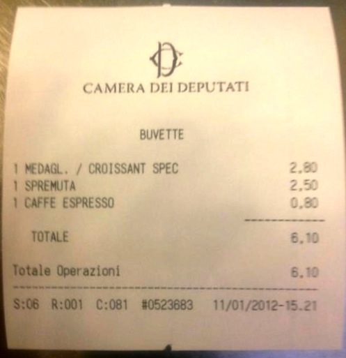 Uno scontrino della Camera dei deputati