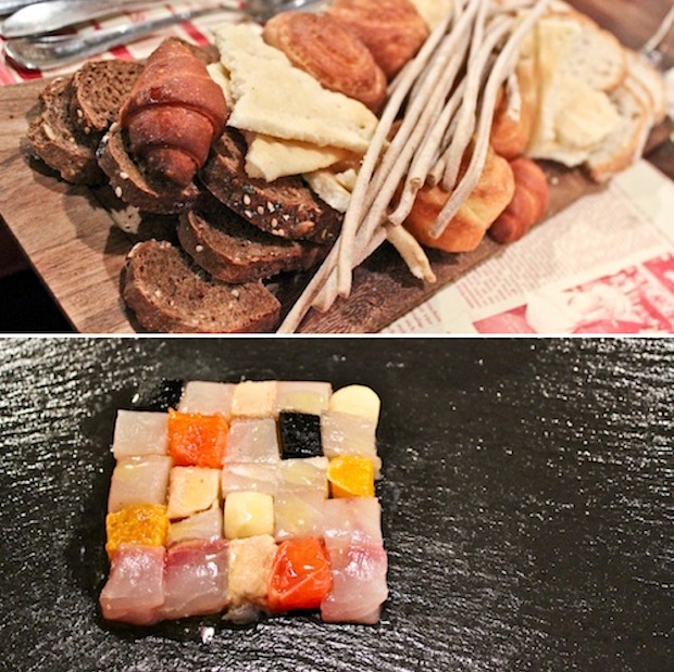 Pane e mosaico di ricciola cruda, foie gras e quadretti di pompelmo e arance