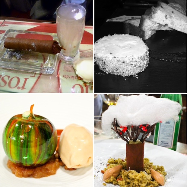 1) Finto sigaro 2) foie gras, pane brioche caldo e confettura di pomodoro 3) Taten di mela con sorpresa 4) Albero di cioccolato
