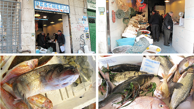  La pescheria O' Guarracino di Napoli. Il cesto con le spigole di mare e quello con le spigola di allevamento a 20 euro