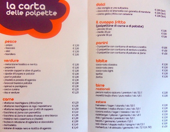 Il menù della Polpetteria