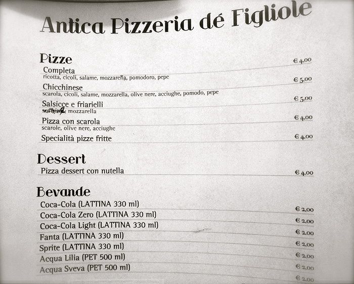 Il menu della pizzeria