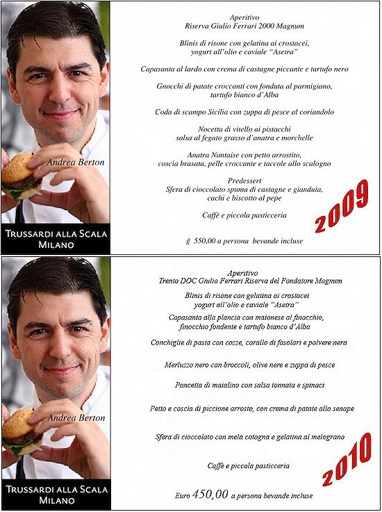 I menu di capodanno 2009 e 2010 del ristorante Trussardi alla Scala