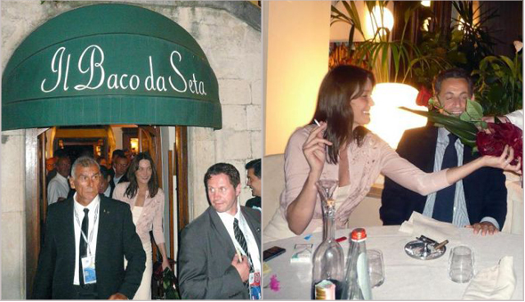 Carla Bruni e Nicolas Sarkozy dentro e fuori il ristorante Baco da Seta vicino a L'Aquila