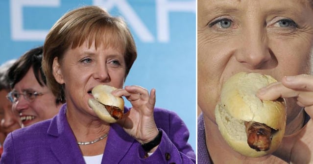 La cancelliera tedesca Angela Merkel mangia la salsiccia Thuringia a Efurt, in Germania