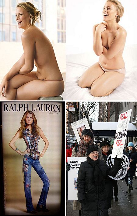 In alto, la modella oversize Lizzi Miller, in basso una modella di Ralph Lauren smagrita con Photoshop e la protesta davanti al negozio Ralph Lauren di New York