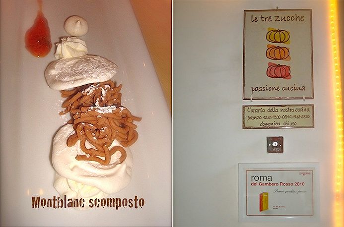 Il dolce e l'ingresso del ristorante Tre Zucche