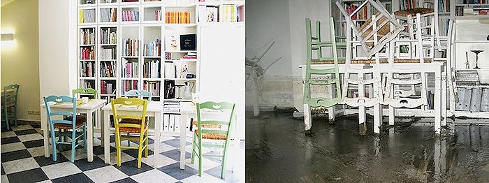 Officina di cucina prima e dopo l'alluvione