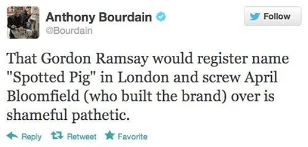 Bourdain vs. Ramsay: “se rubi il marchio a Batali sei vergognosamente patetico”
